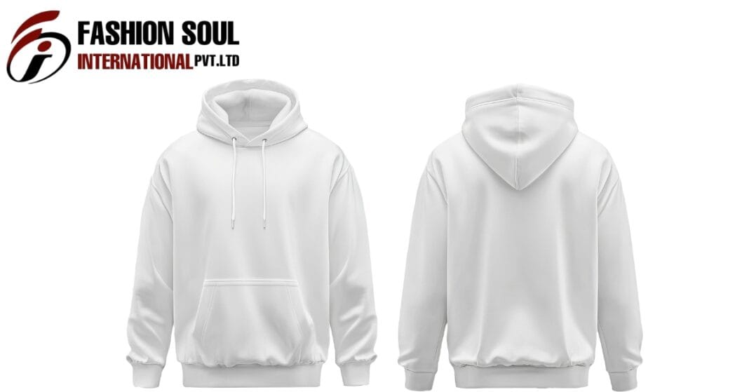 White Essentials Hoodie by Fashion Soul International featuring a relaxed fit, drawstring hood, and kangaroo pocket, front and back view.