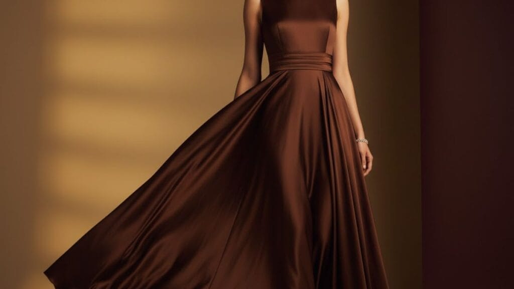 Woman wearing a chocolate brown evening dress for formal events