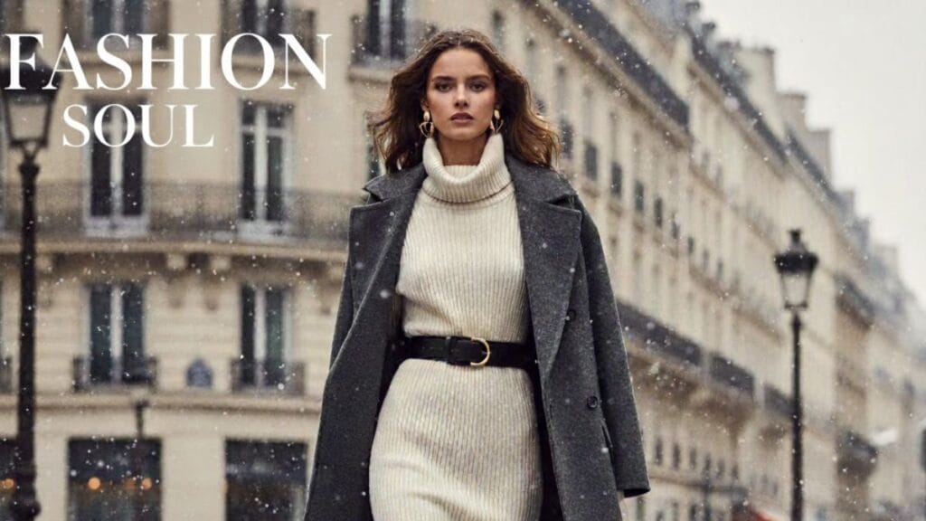 Model wearing a stylish winter sweater dress in a high-fashion magazine setting