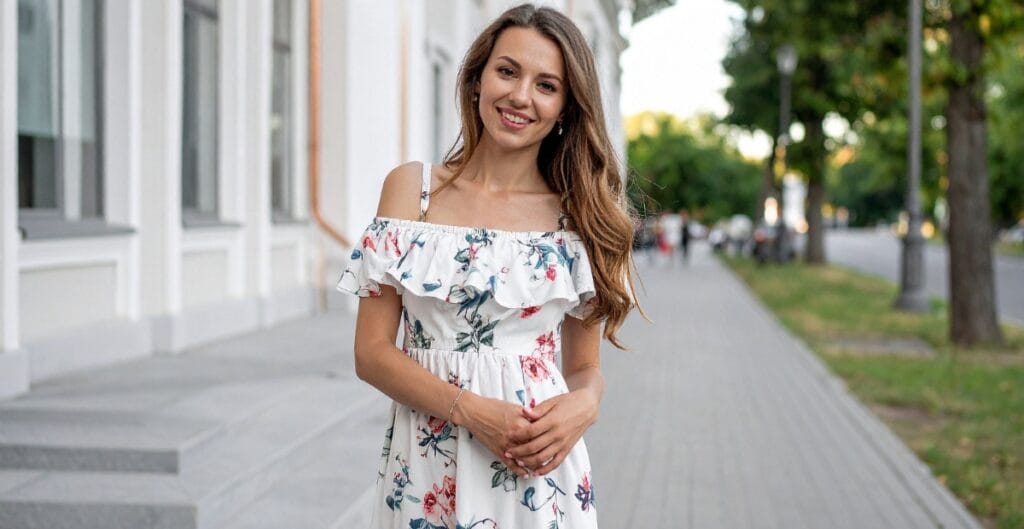 Smiling woman in a white off-shoulder floral casual midi dress walking on a city street.