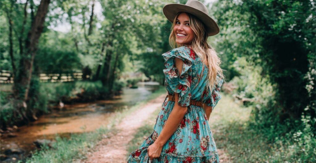 Happy woman wearing a blue floral casual midi dress and hat near a forest stream.