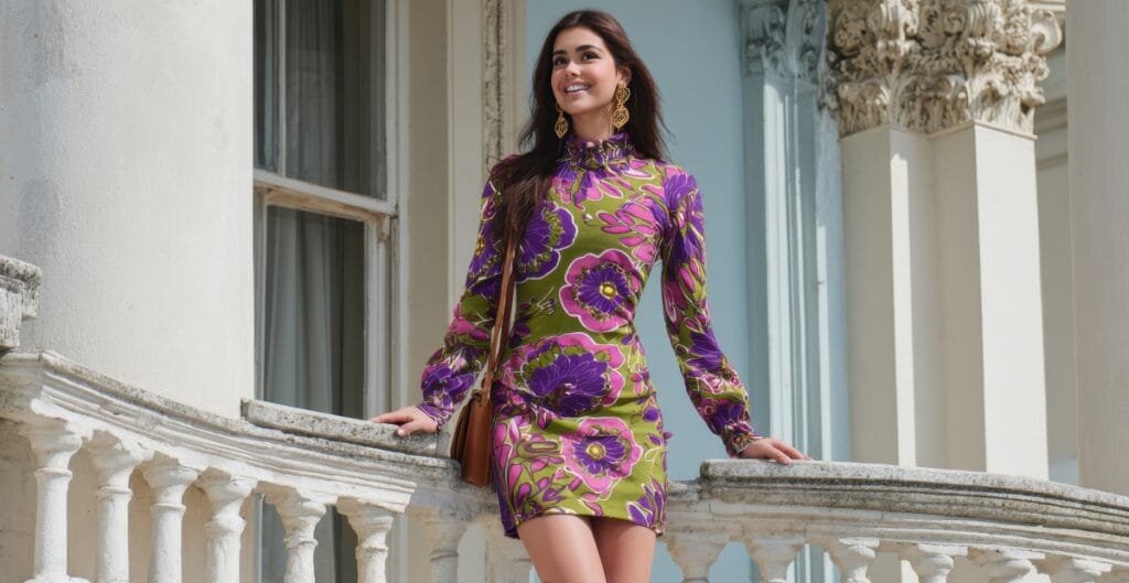 Woman in a floral casual midi dress posing confidently on a balcony in a sunny outdoor setting.