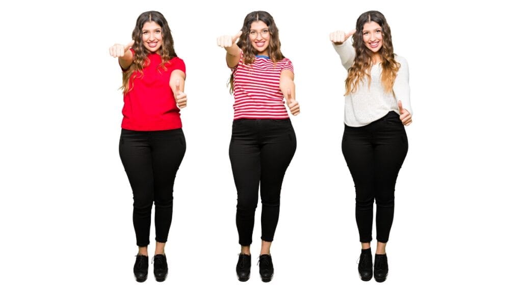 Short curvy woman modeling three different tops and pants, highlighting flattering clothes for short curvy women.