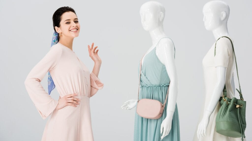 Model wearing a medium size dress, demonstrating a casual yet elegant look