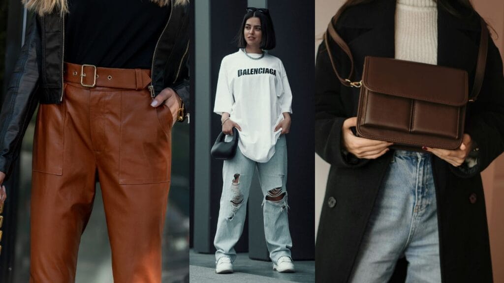 Close-up of fashionable leather pants, oversized t-shirt, and designer handbag with sneakers
