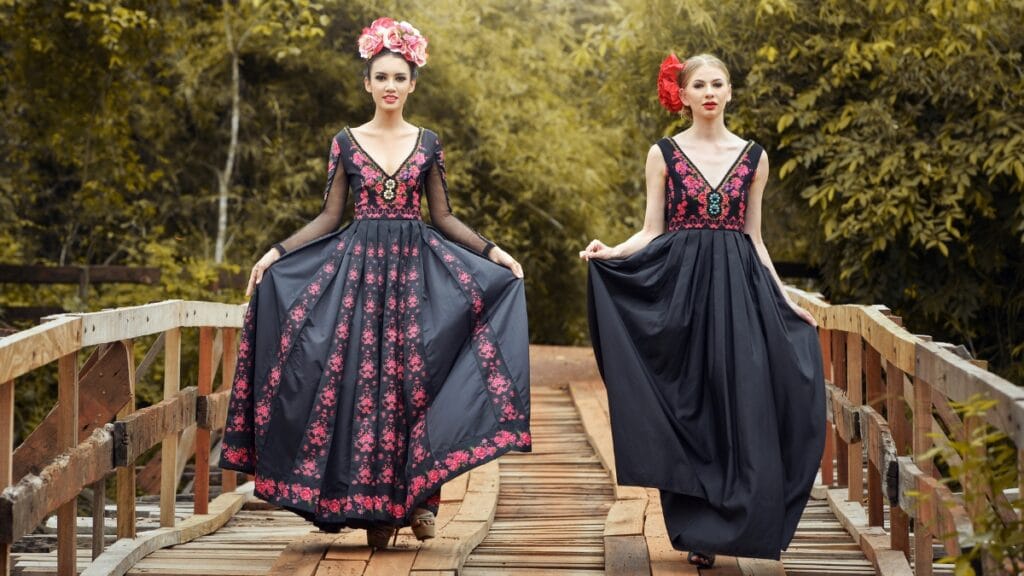 Elegant female fashion dress in black with intricate designs