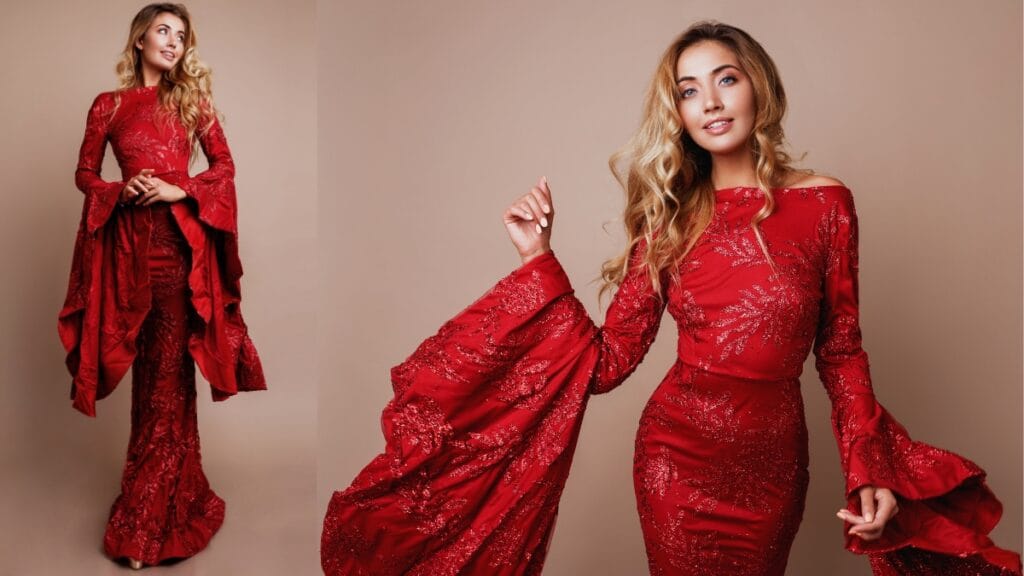 Glamorous red [female fashion dress] with a sleek design