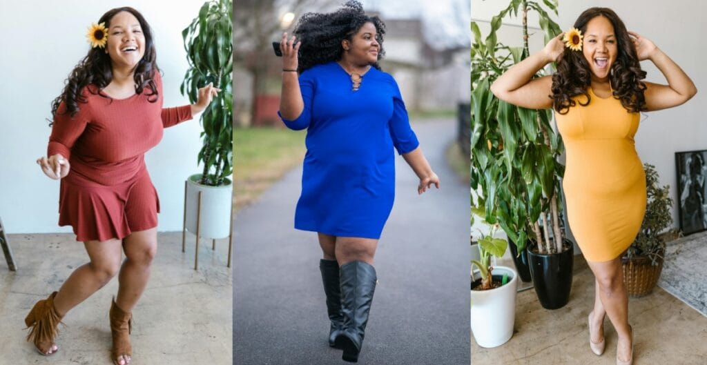 Confident women in stylish dresses showcasing flattering dresses for curvy figures in warm and bold colors.