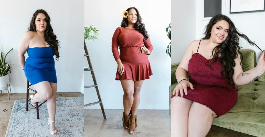 Elegant and Confident Looks: Flattering Dresses for Curvy Figures Plus-size women modeling flattering dresses for curvy figures in elegant and comfortable styles.
