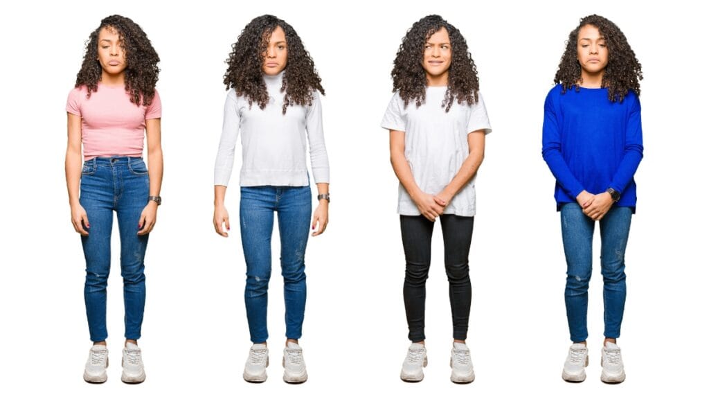 Curvy tween girl modeling casual outfits in different styles with jeans and tees.
