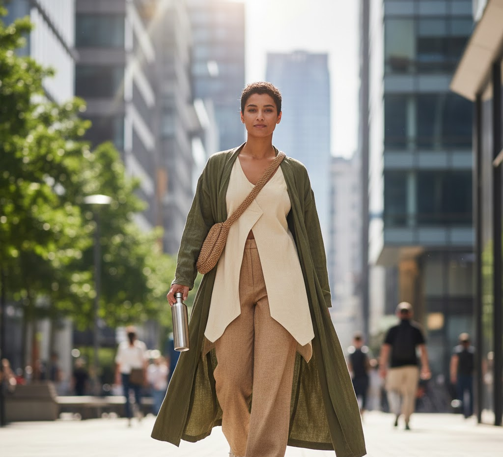 Person walking in a city wearing recycled-fabric sustainable fashion outfit
