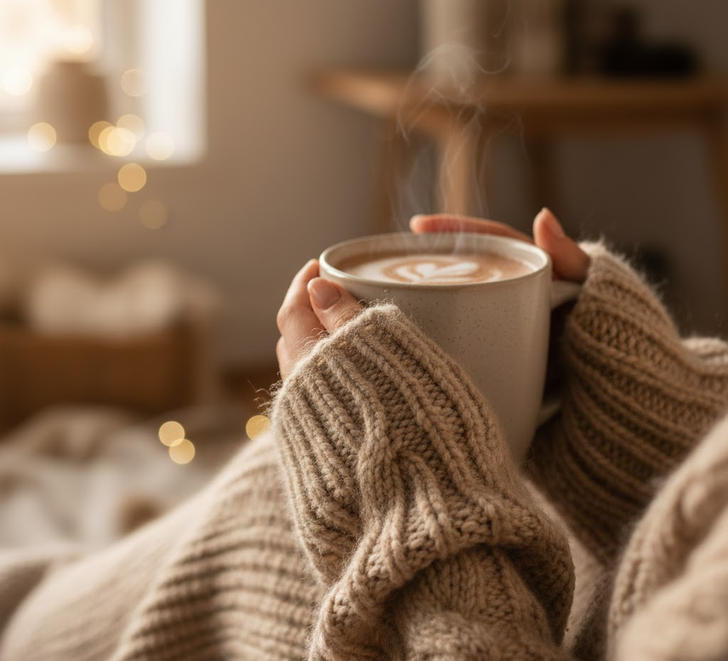 Close-up shot showing textured cozy knitwear fabric and stitching