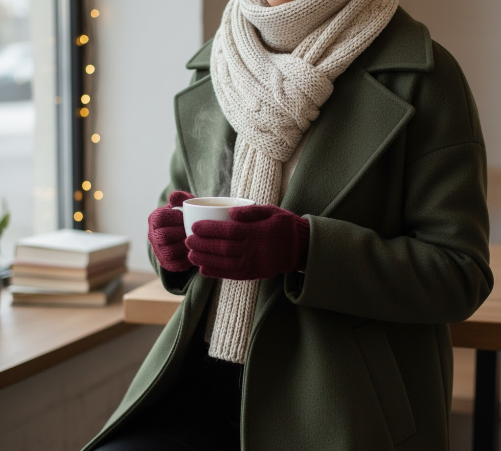 Close-up of layered outfit with a chic winter coat, scarf, and gloves