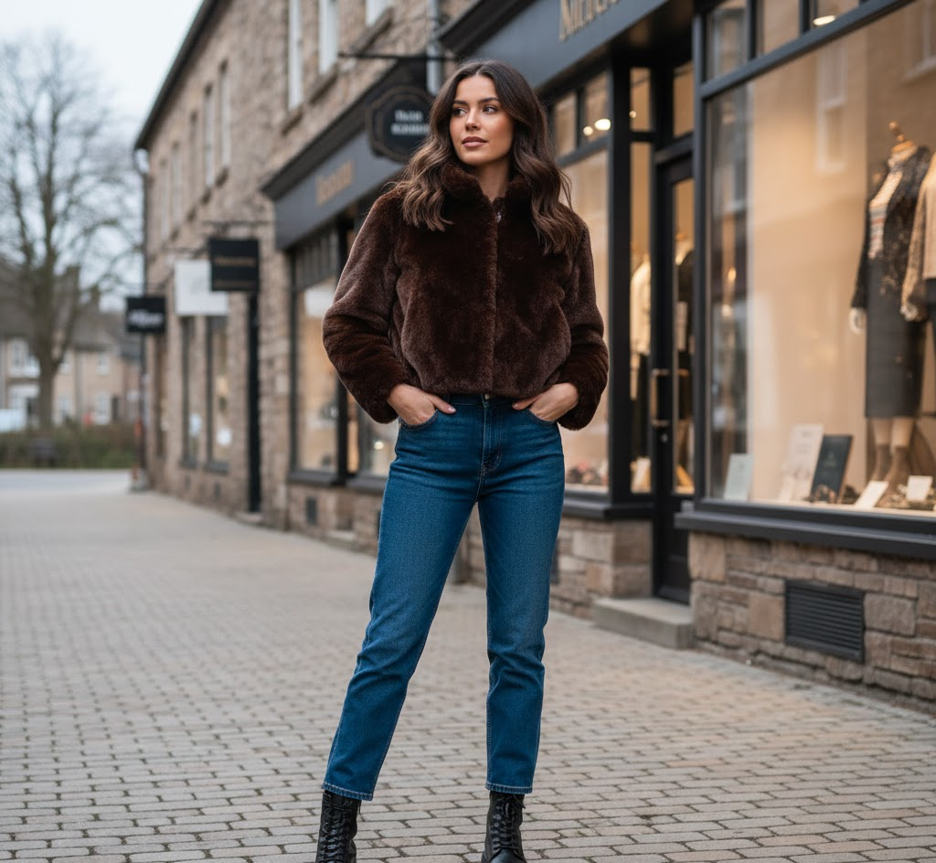 Woman wearing a cropped faux fur jacket styled with jeans and boots