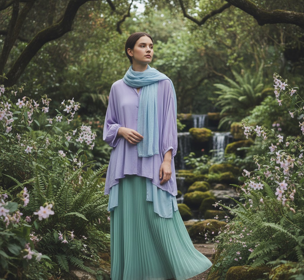 Woman in pastel outfit standing near plants and natural elements