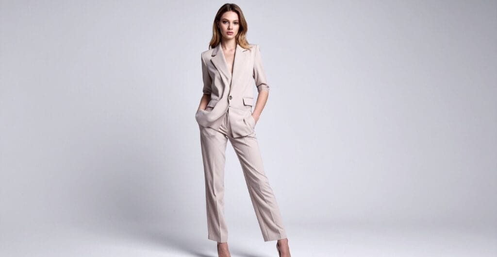 Woman in a beige pant dress with a modern, relaxed fit, exuding elegance and confidence.