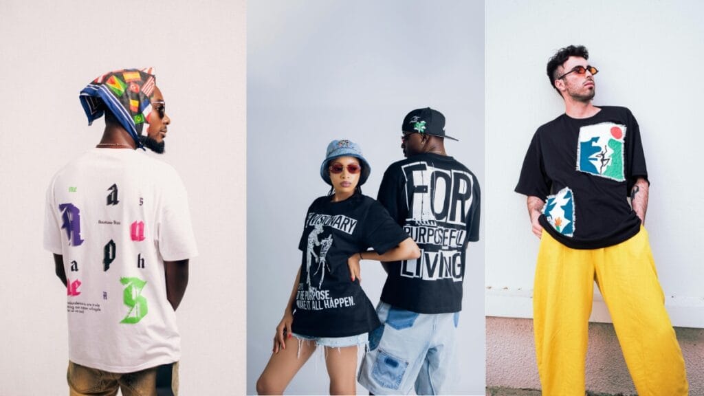 Group of people showcasing different bold 3XL graphic tees in streetwear styles, including typography and artistic prints