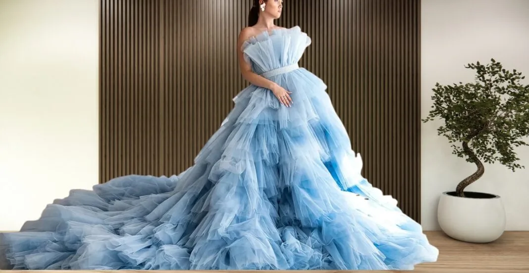 A model wearing a voluminous, poofy ball gown in a luxurious setting, showcasing multiple perfect styles for special occasions.