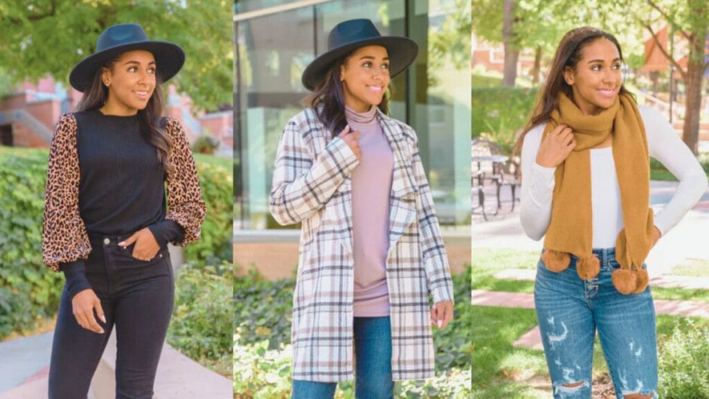 "A woman wearing three different cozy winter outfits: a black sweater with leopard print sleeves, a plaid coat over a beige top, and a white sweater with a mustard scarf and jeans."