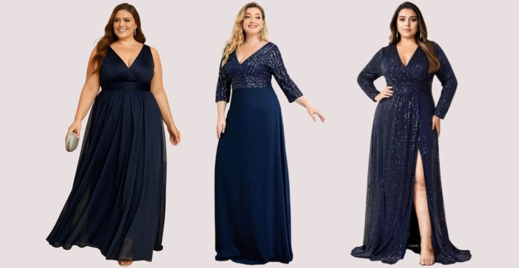A plus-size model wearing a formal, floor-length blue maxi dress with a fitted bodice and flowing skirt, posing gracefully at an elegant event venue. The outfit is complemented by refined accessories and subtle jewelry, conveying confidence and sophistication.
