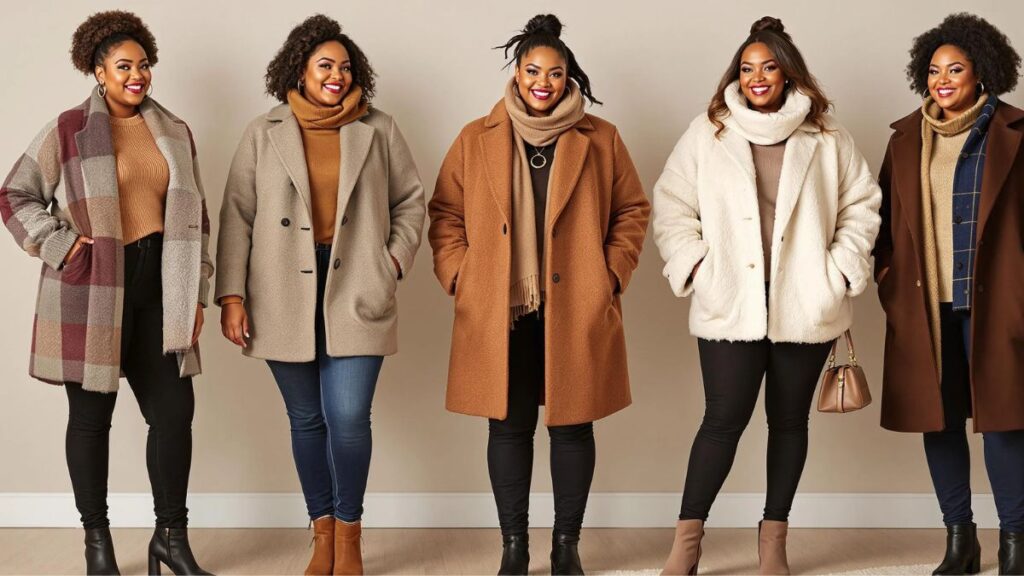 Five women showcasing different styles of winter coats, including plaid, beige, brown, white, and dark brown coats, paired with turtlenecks and boots.