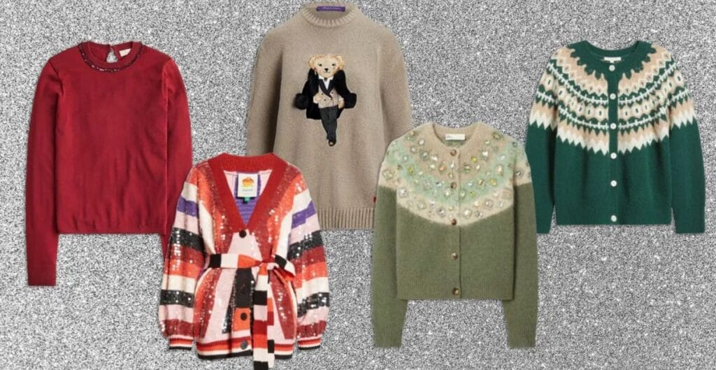 A bold winter outfit: metallic-finish puffer jacket, wide-leg pants, and structured gloves, with frosted streetlights in the background.
