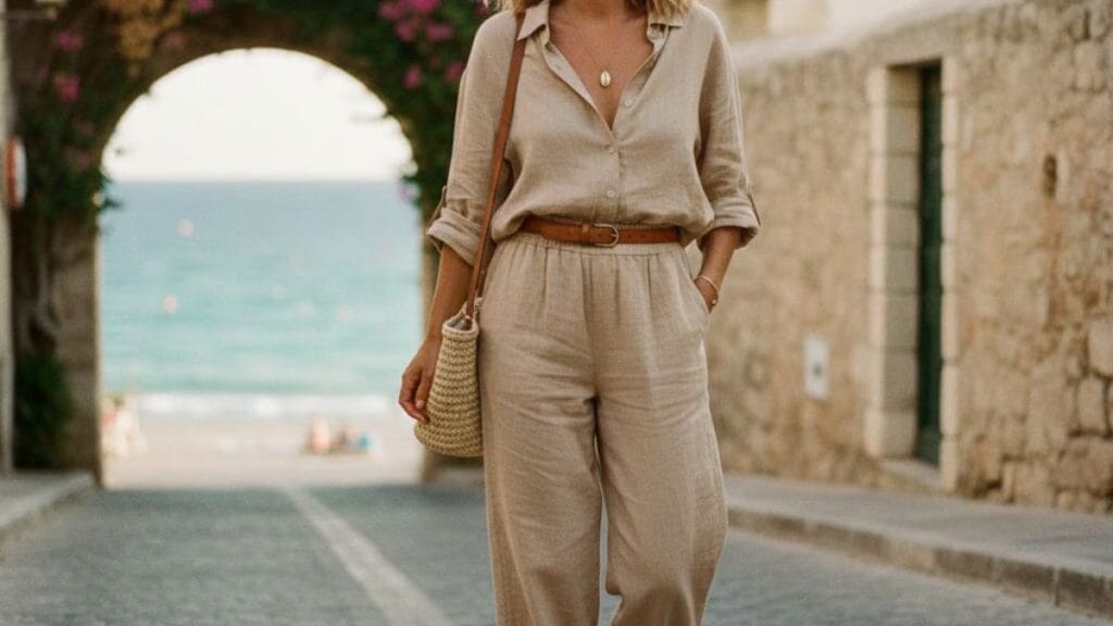 woman wearing a neutral linen co-ord set styled for casual and travel wear