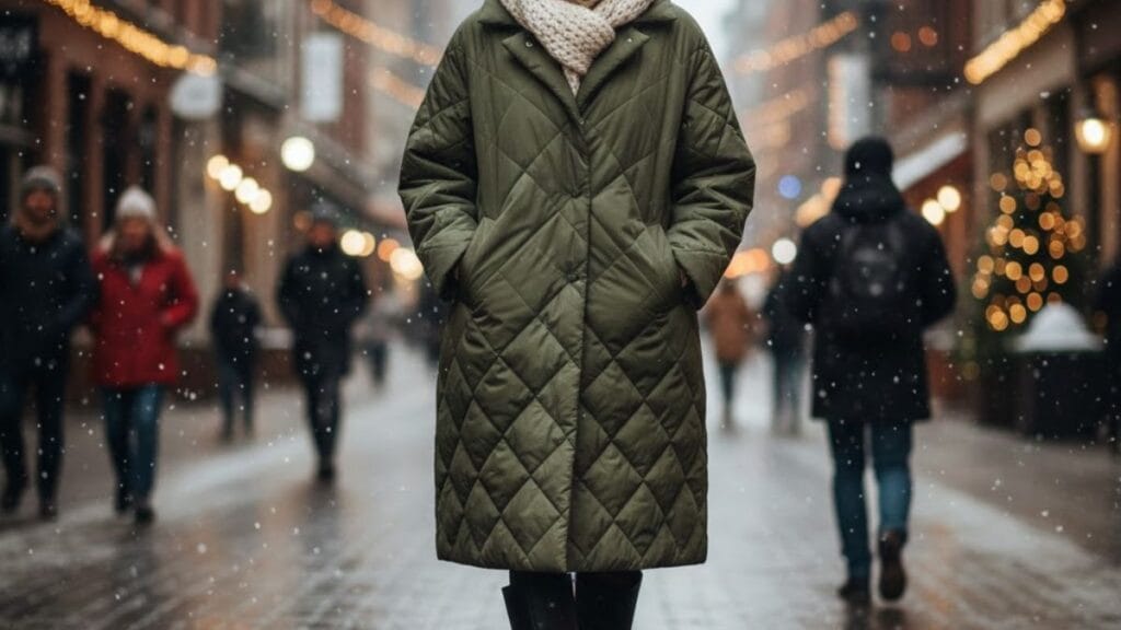 woman wearing a mid-length quilted coat with boots and scarf in a winter city setting