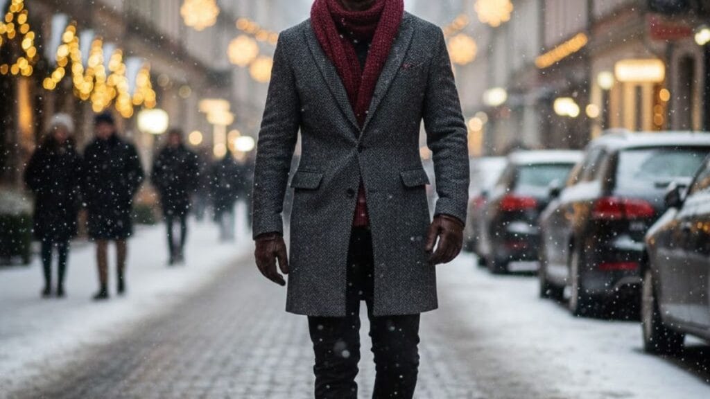 man wearing a tailored men’s winter jacket with scarf and boots in a snowy urban setting