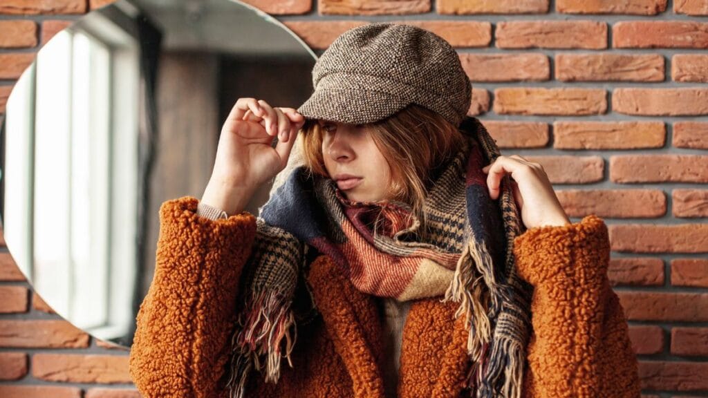 This image shows a young woman confidently adjusting her cap, dressed in a cozy, oversized orange coat and a plaid scarf. The rich textures of her outfit create a stylish winter look. The brick wall and round mirror add a modern backdrop, emphasizing her fashionable yet warm attire for the cold season.