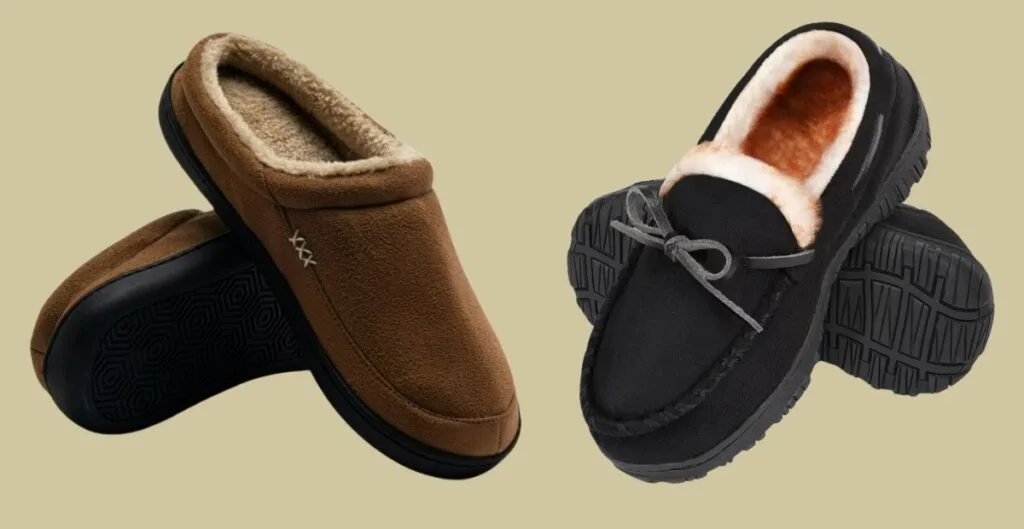 "Pair of plush-lined moccasins in soft taupe leather resting on a cozy rug."

