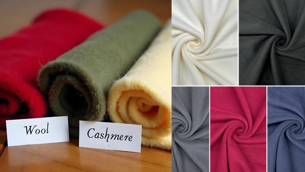 This image displays wool and cashmere fabric swatches in a variety of rich colors, including red, green, beige, gray, and blue. The wool and cashmere fabrics, labeled with their respective names, are perfect choices for creating luxurious and warm outerwear pieces like coats and scarves, ideal for winter smart casual looks. These materials combine softness, warmth, and sophistication, making them essential for stylish winter wardrobes.