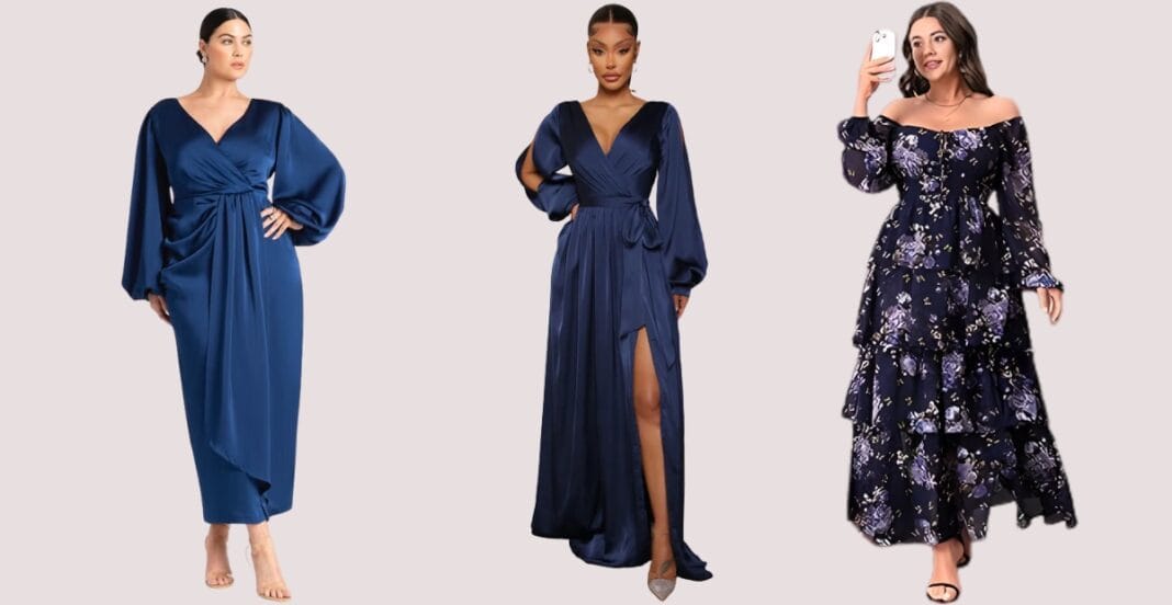 A plus-size model wearing a flowing blue maxi dress, standing confidently in a sunny outdoor setting. The dress features a flattering empire waist, soft drape, and wide straps, offering a versatile silhouette for any occasion.