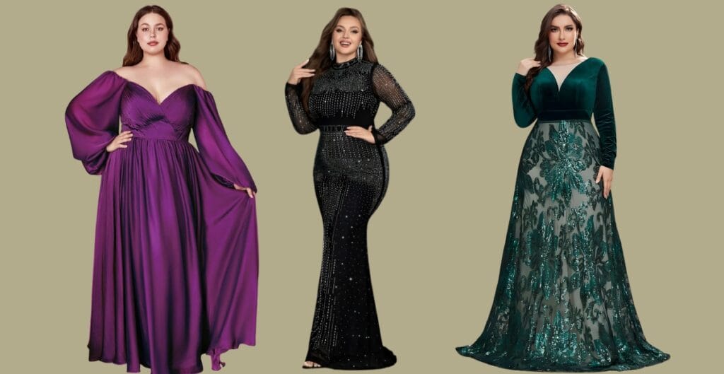 “A plus-size model wearing a long-sleeve formal gown with a flattering silhouette, showcasing elegant styling, comfortable fit, and refined detailing suitable for formal events.”