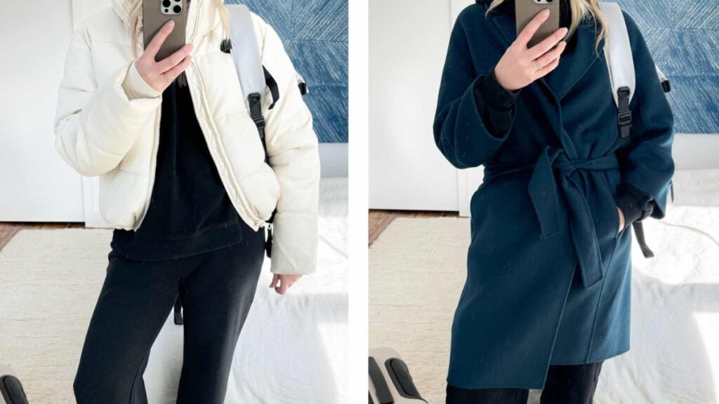 A woman wearing two different styles of womens small winter coats: a white puffer jacket on the left and a blue belted wool coat on the right.