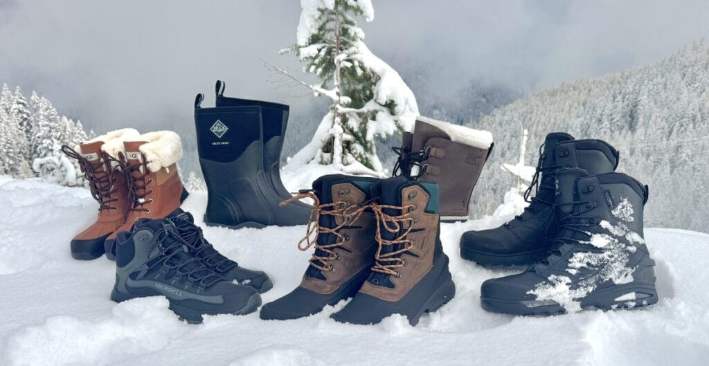 "A stylish pair of insulated snow boots with waterproof uppers and rugged tread, standing in fresh snow."