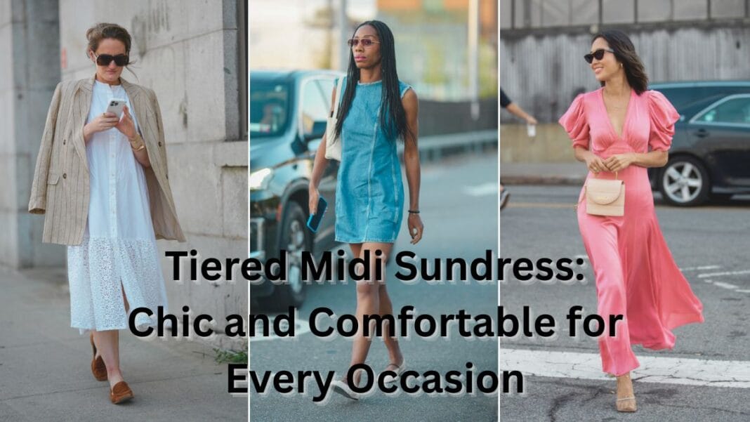 Women wearing tiered midi sundresses in neutral, denim, and pink styles, showcasing chic and comfortable warm-weather fashion on city streets.