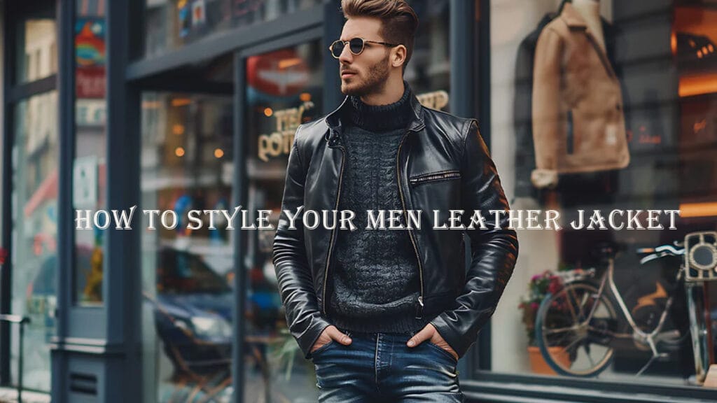 A man in a black leather jacket and sunglasses stands outside a store, showcasing a stylish, casual look.