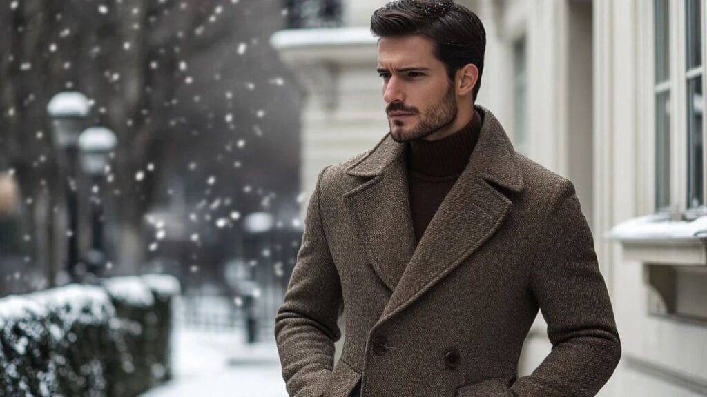 A stylish man wearing a brown wool coat and turtleneck walking outdoors in falling snow during winter.