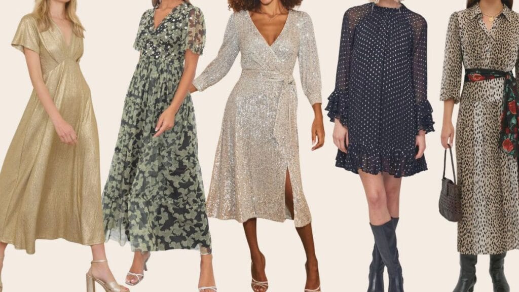 A collection of five stylish dresses, including a gold metallic dress, a floral camo dress, a glittery wrap dress, a polka-dot ruffled dress, and a leopard print dress with a belt.