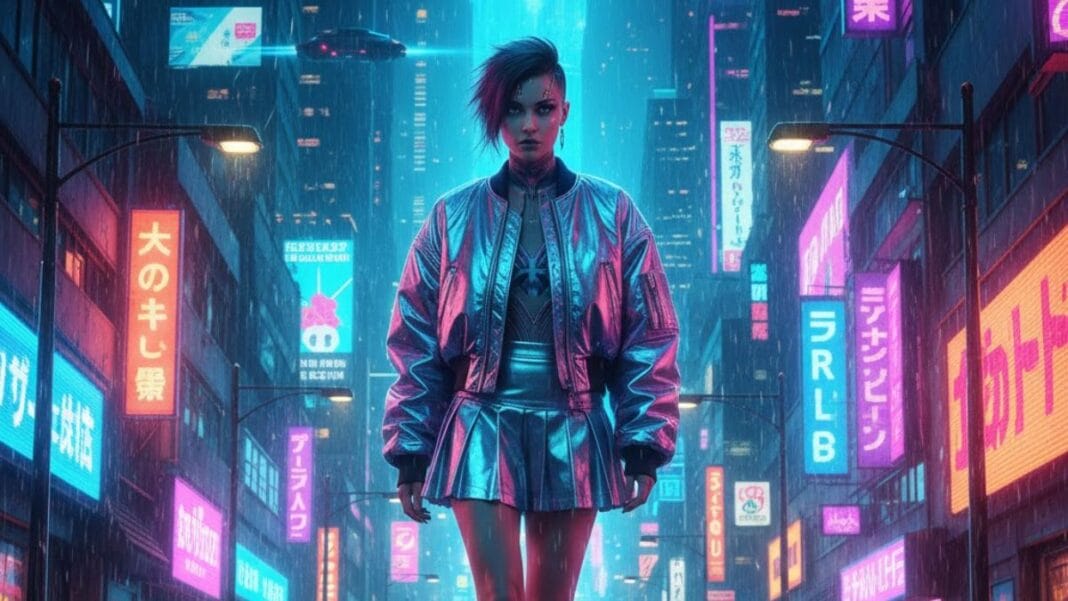 Model wearing metallic Retro-Futuristic fashion in neon-lit city backdrop