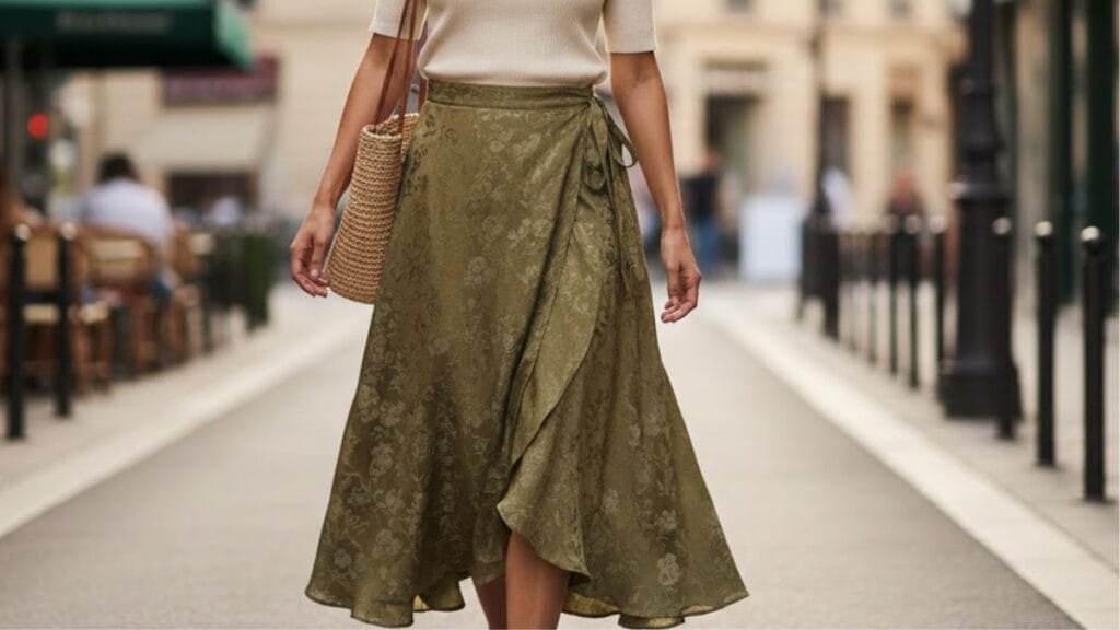 woman wearing a wrap skirt styled for modern everyday fashion