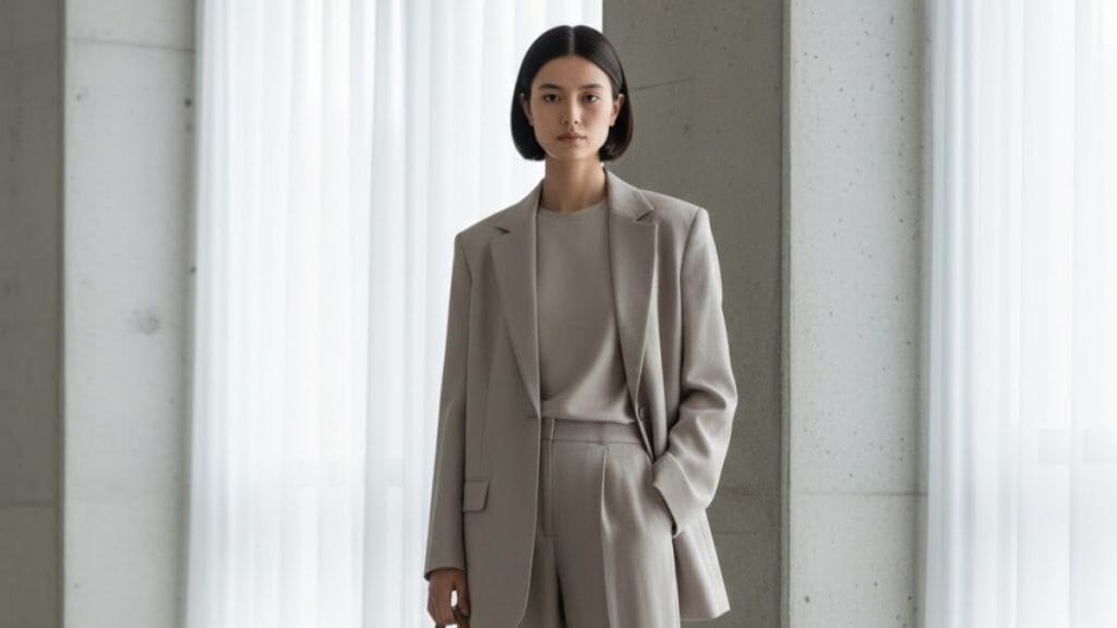 Woman wearing soft power dressing outfit with relaxed tailoring