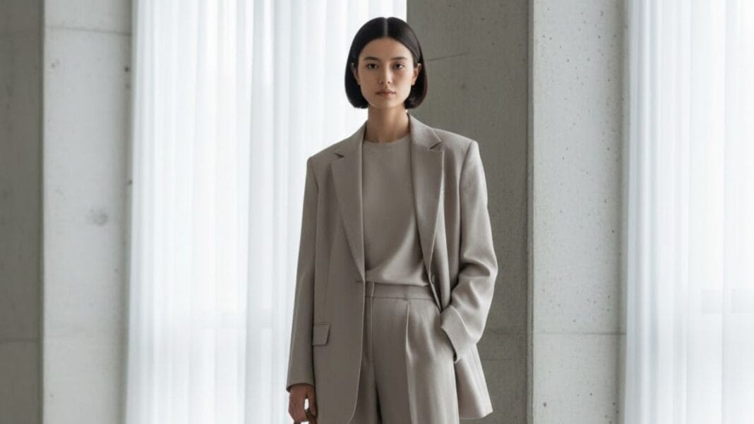 Woman wearing soft power dressing outfit with relaxed tailoring