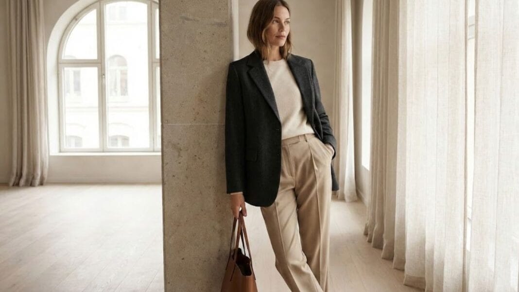 Woman wearing luxury basics wardrobe in neutral tones