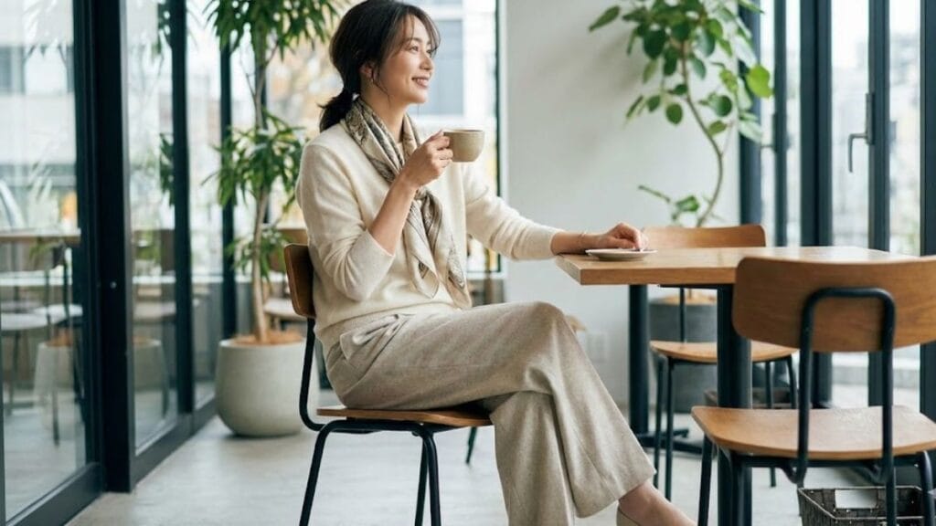 Elevated comfort outfit combining softness and structure with poilshed comfort wear