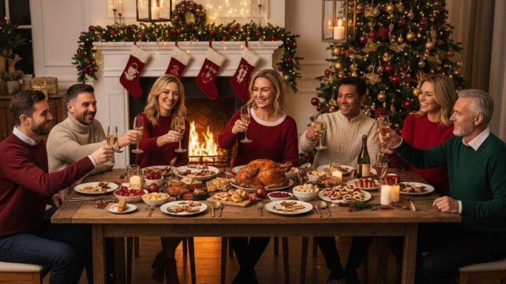 family and friends enjoying festive season celebrations with decorations, food, and joy