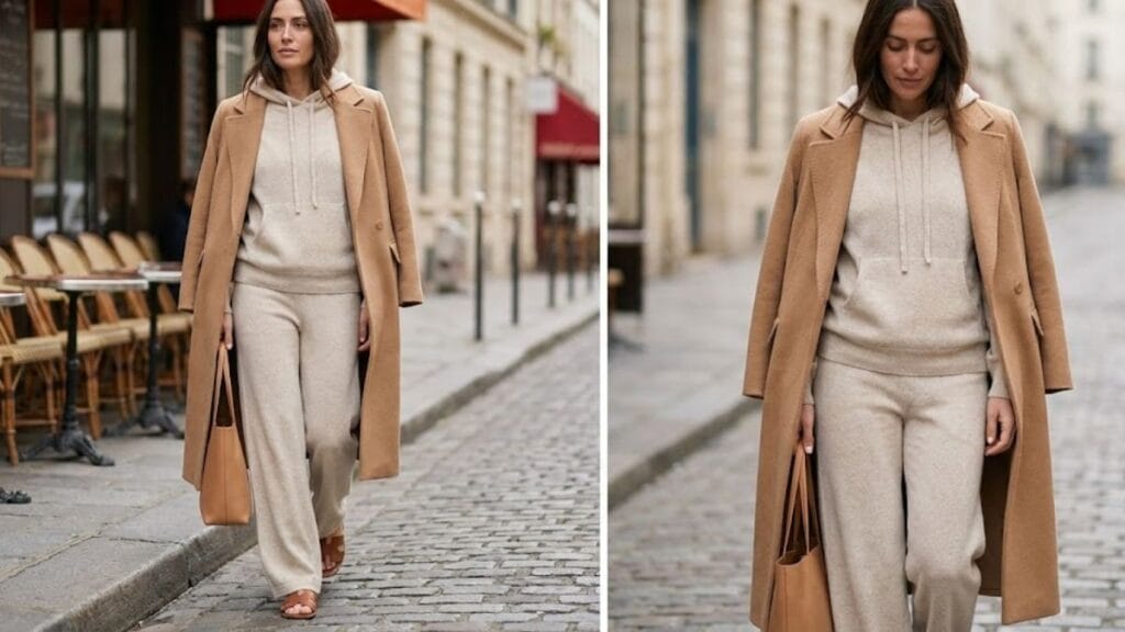 Model wearing luxury loungewear styled with minimal accessories for an outdoor look