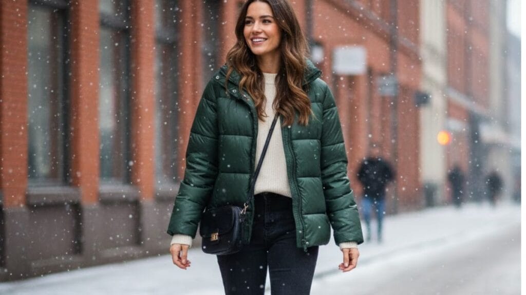 woman wearing a puffer jacket with jeans and boots