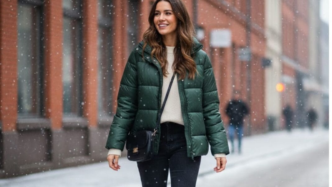 woman wearing a puffer jacket with jeans and boots